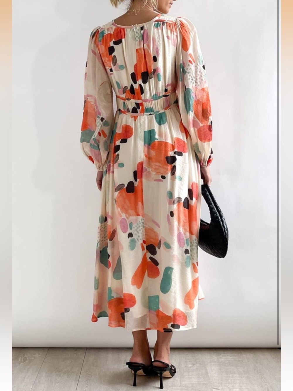 SUMMER SALE Women’s Floral Abstract Maxi Dress - Cream with Coral & Teal - Large - Picture 2 of 4